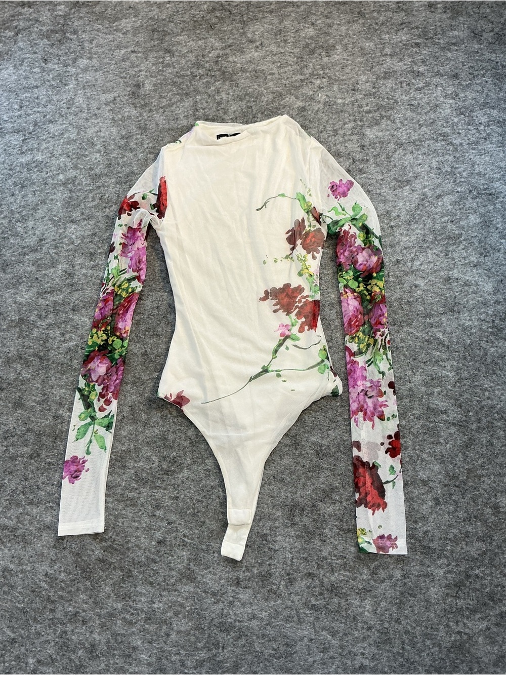 Naked Wardrobe Floral Long-Sleeve White Mesh Bodysuit Size S